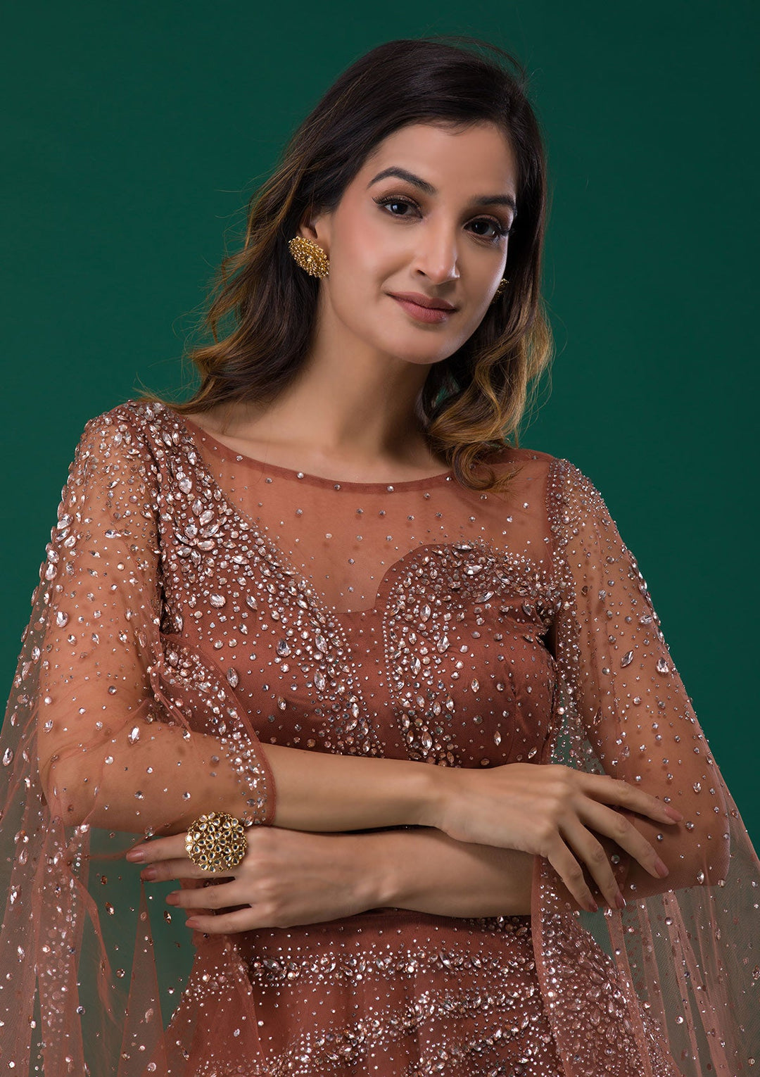 Rust Silver Stonework Net Designer Gown-Koskii