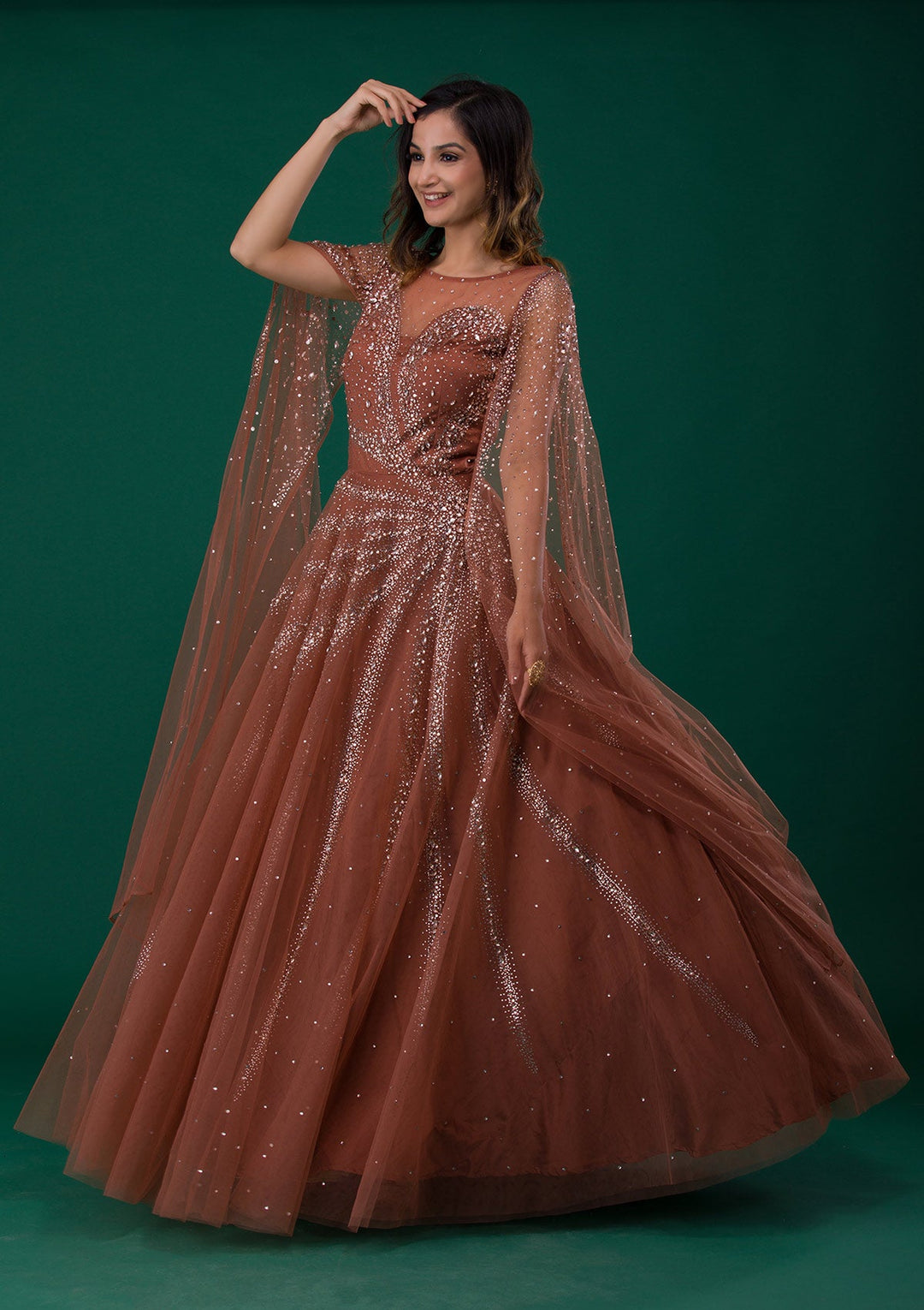 Rust Silver Stonework Net Designer Gown-Koskii