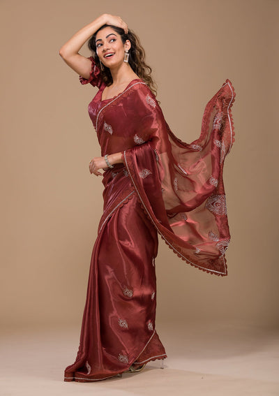 Rust Stonework Tissue Saree-Koskii