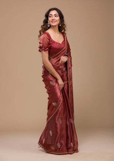 Rust Stonework Tissue Saree-Koskii