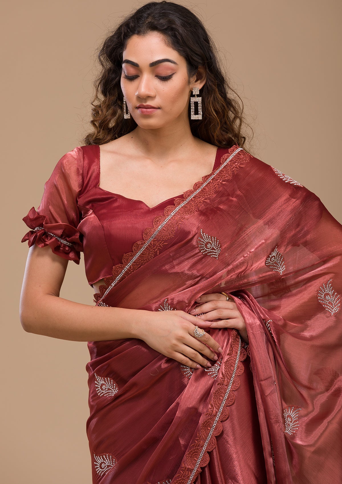 Rust Stonework Tissue Saree-Koskii