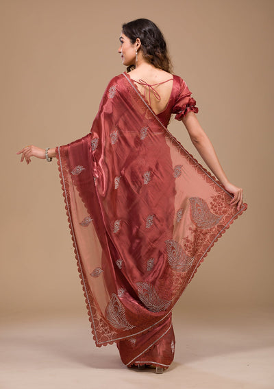 Rust Stonework Tissue Saree-Koskii