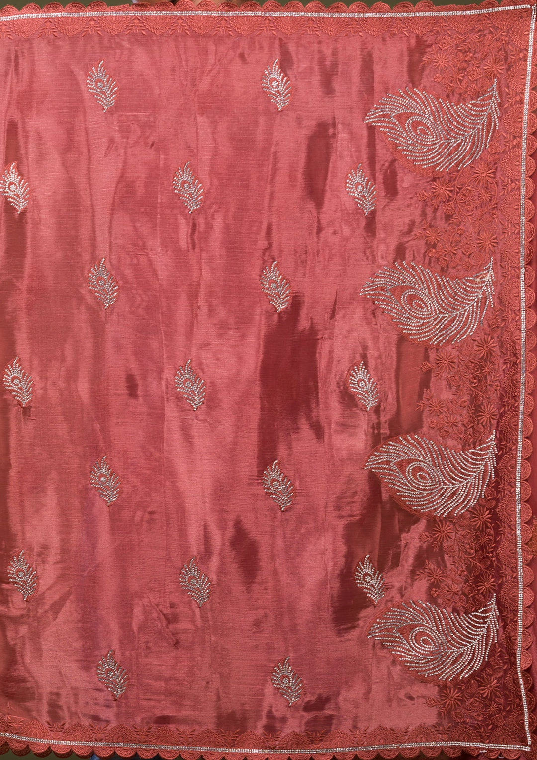 Rust Stonework Tissue Saree-Koskii