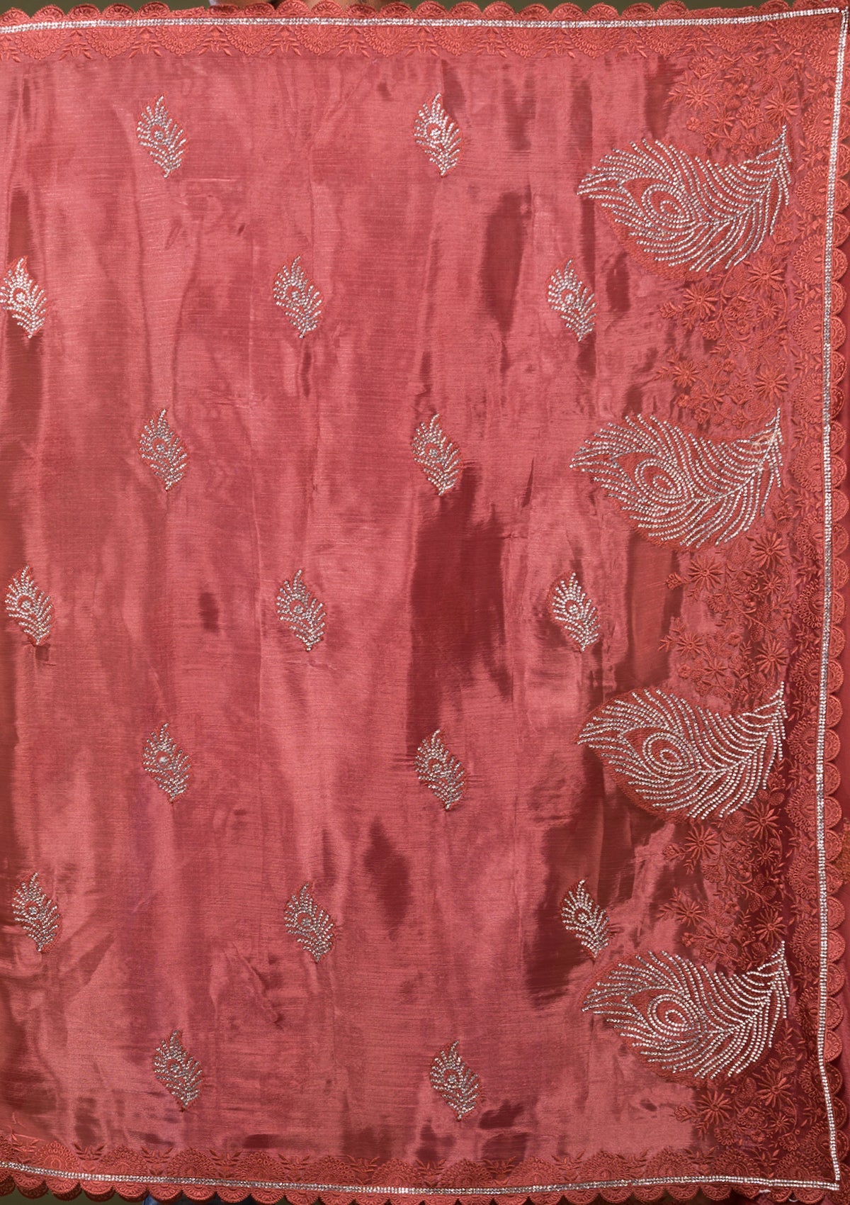 Rust Stonework Tissue Saree-Koskii