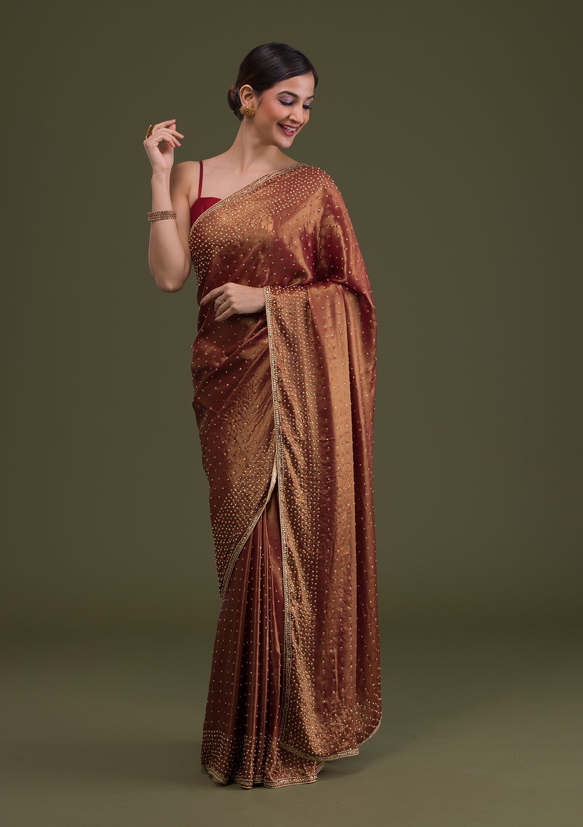 Rust Stonework Satin Saree-Koskii