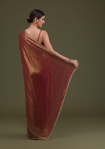 Rust Stonework Satin Saree-Koskii