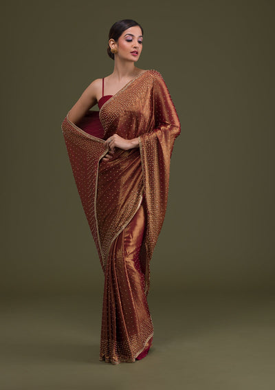 Rust Stonework Satin Saree-Koskii