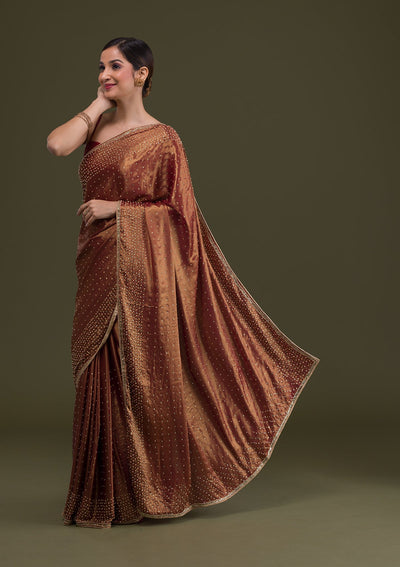 Rust Stonework Satin Saree-Koskii