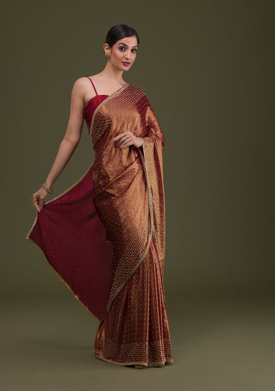 Rust Stonework Satin Saree-Koskii