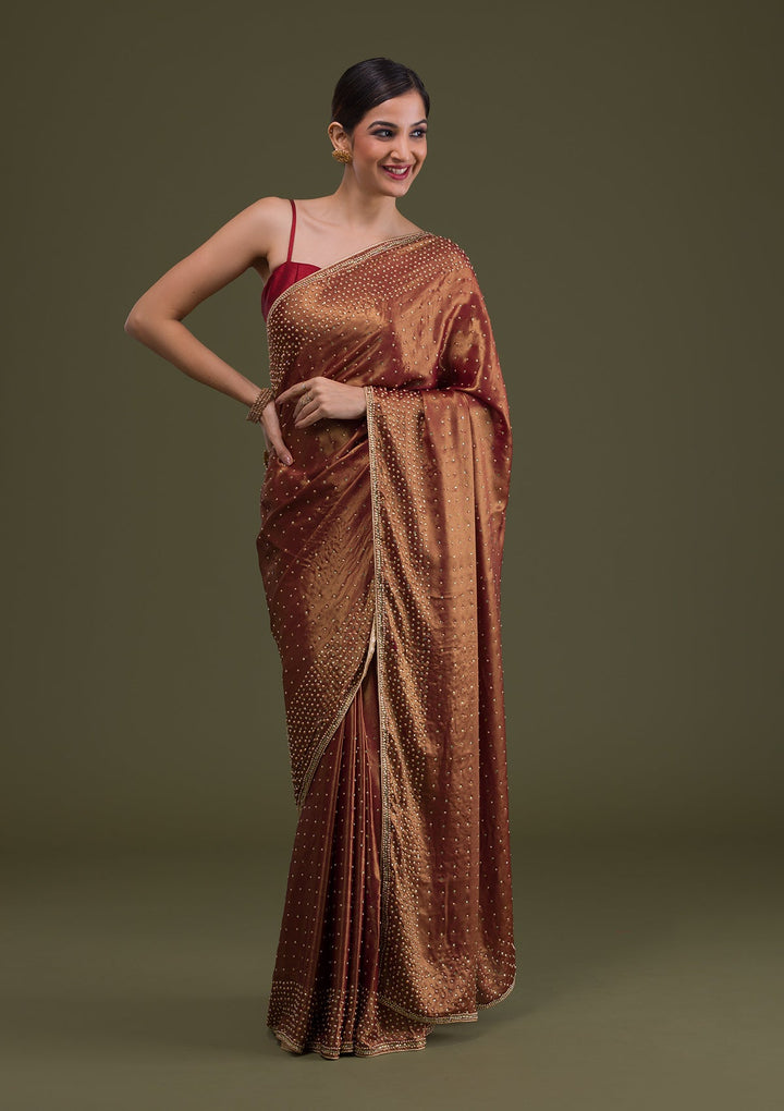 Rust Stonework Satin Saree-Koskii