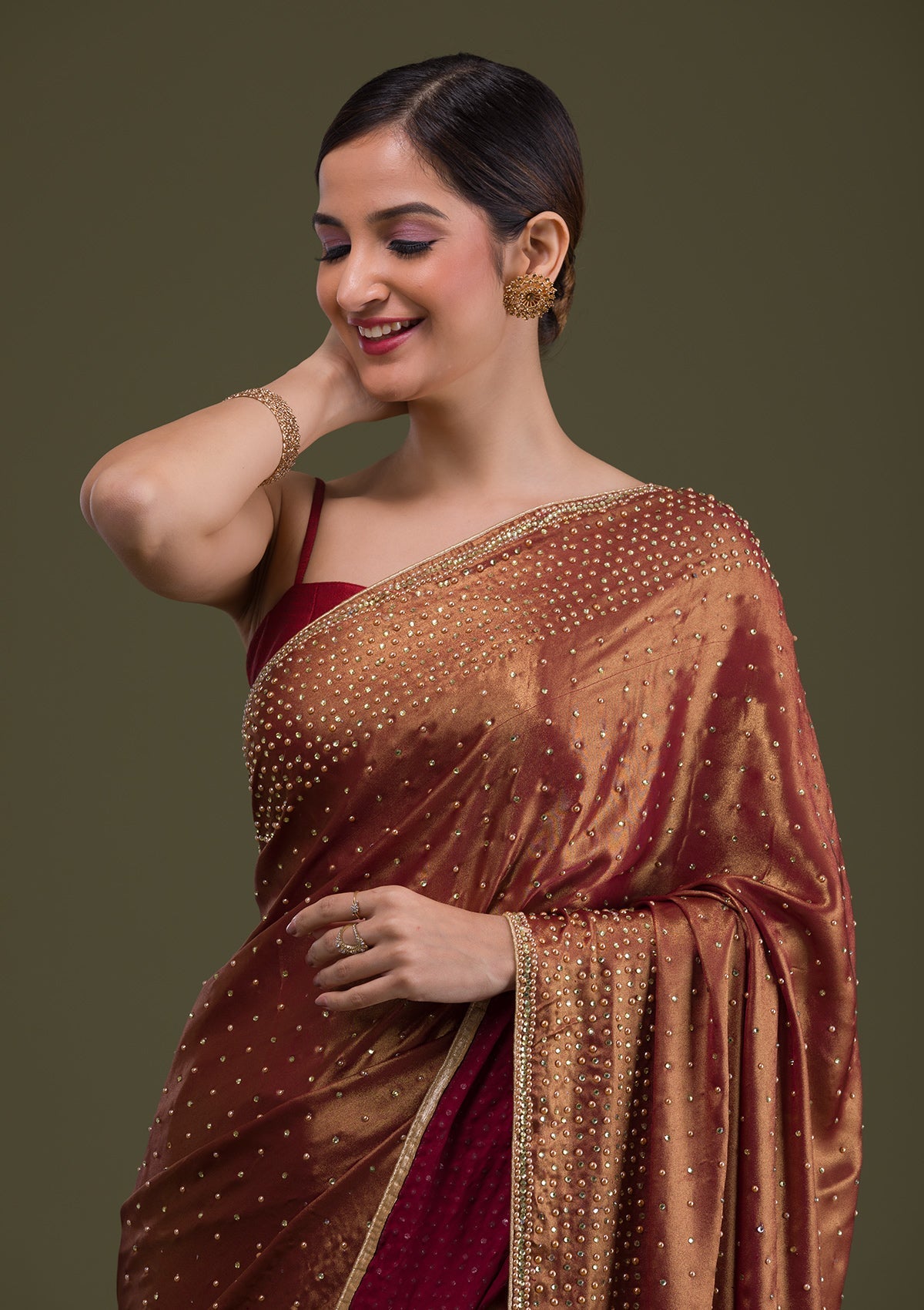 Rust Stonework Satin Saree-Koskii