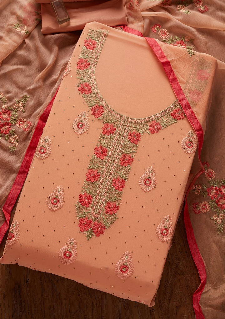 Rust Threadwork Chanderi Designer Unstitched Salwar Suit - koskii