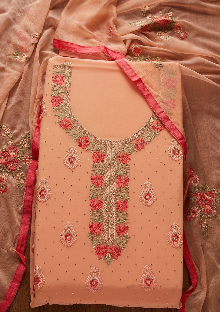 Rust Threadwork Chanderi Designer Unstitched Salwar Suit - koskii
