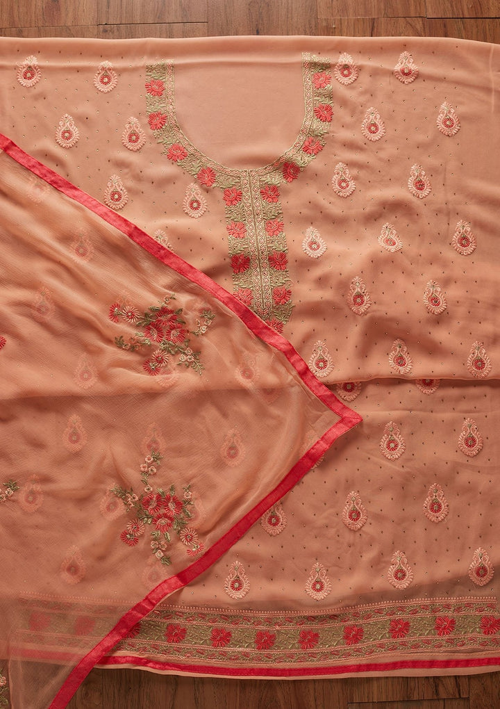 Rust Threadwork Chanderi Designer Unstitched Salwar Suit - koskii