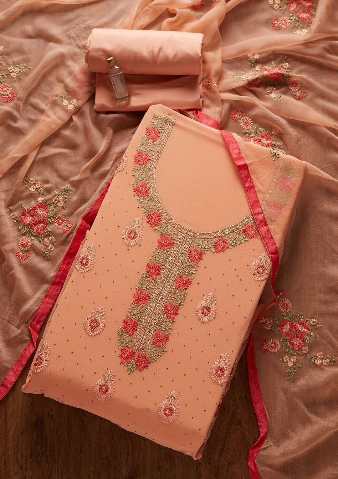 Rust Threadwork Chanderi Designer Unstitched Salwar Suit - koskii