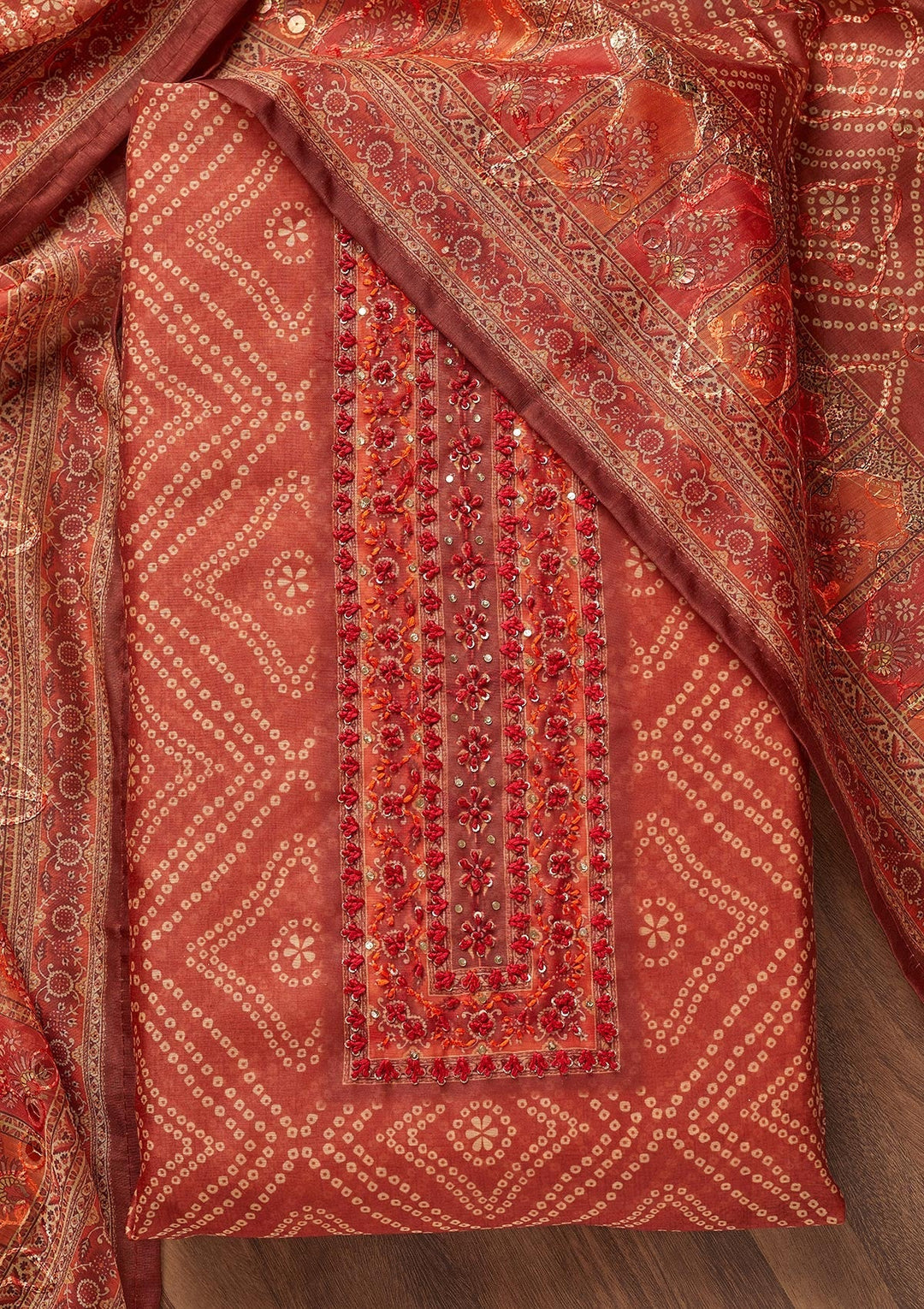 Rust Threadwork Chanderi Unstitched Salwar Suit - Koskii