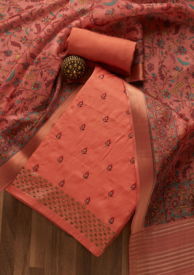Rust Threadwork Raw Silk Unstitched Salwar Suit-Koskii