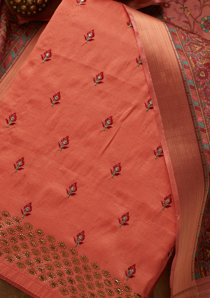 Rust Threadwork Raw Silk Unstitched Salwar Suit-Koskii