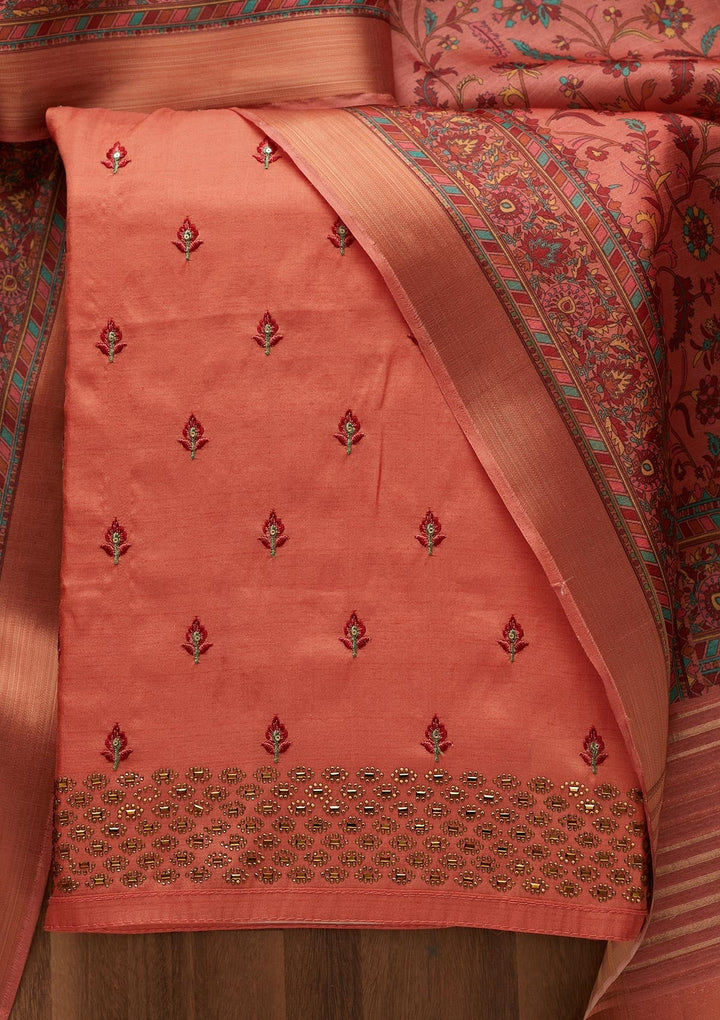 Rust Threadwork Raw Silk Unstitched Salwar Suit-Koskii