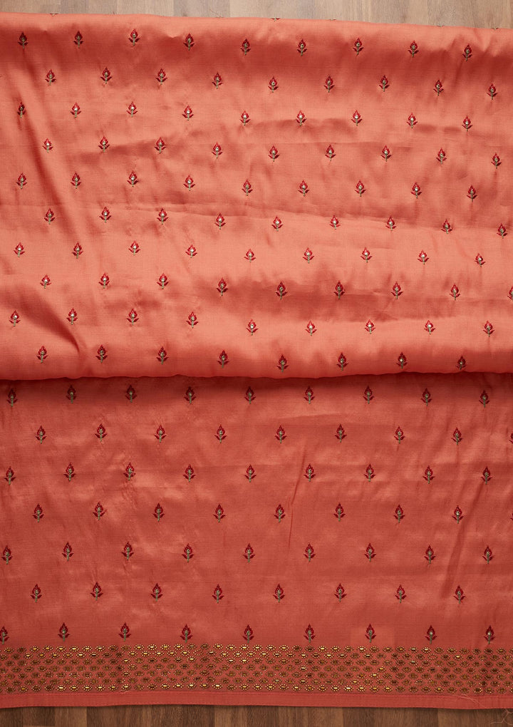 Rust Threadwork Raw Silk Unstitched Salwar Suit-Koskii