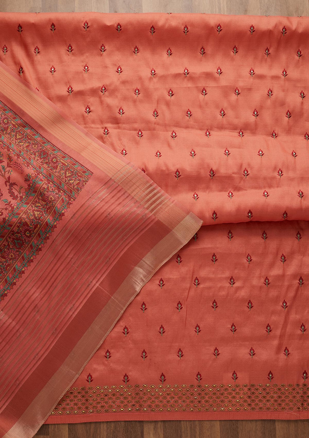 Rust Threadwork Raw Silk Unstitched Salwar Suit-Koskii