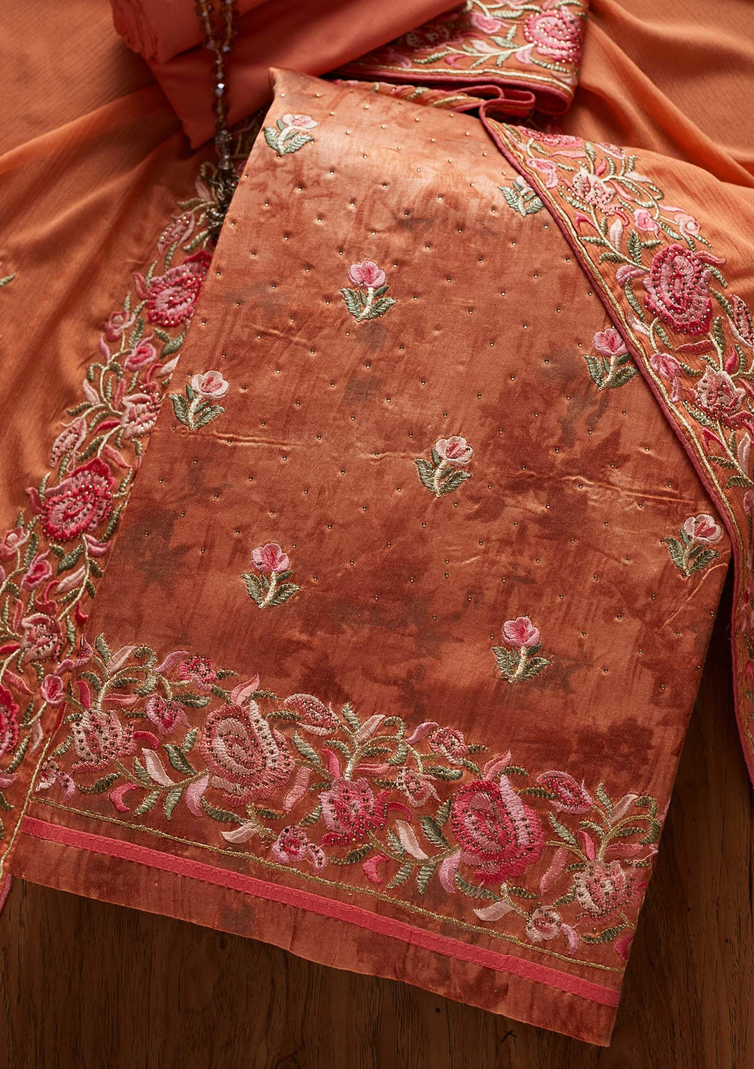Rust Threadwork Satin Designer Unstitched Salwar Suit - koskii