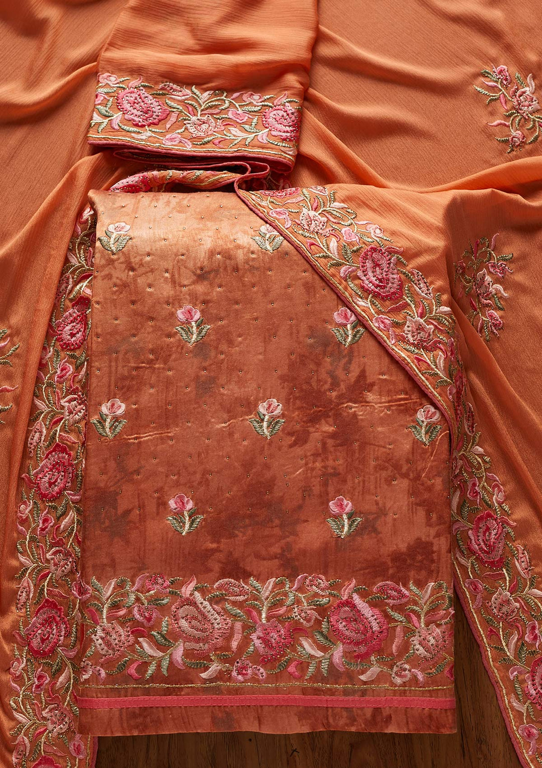Rust Threadwork Satin Designer Unstitched Salwar Suit - koskii