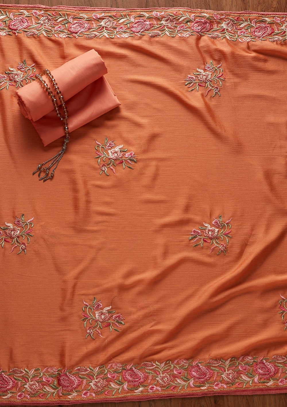 Rust Threadwork Satin Designer Unstitched Salwar Suit - koskii