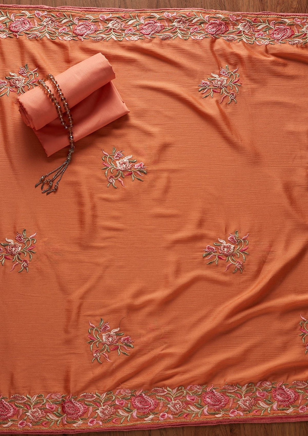 Rust Threadwork Satin Designer Unstitched Salwar Suit - koskii