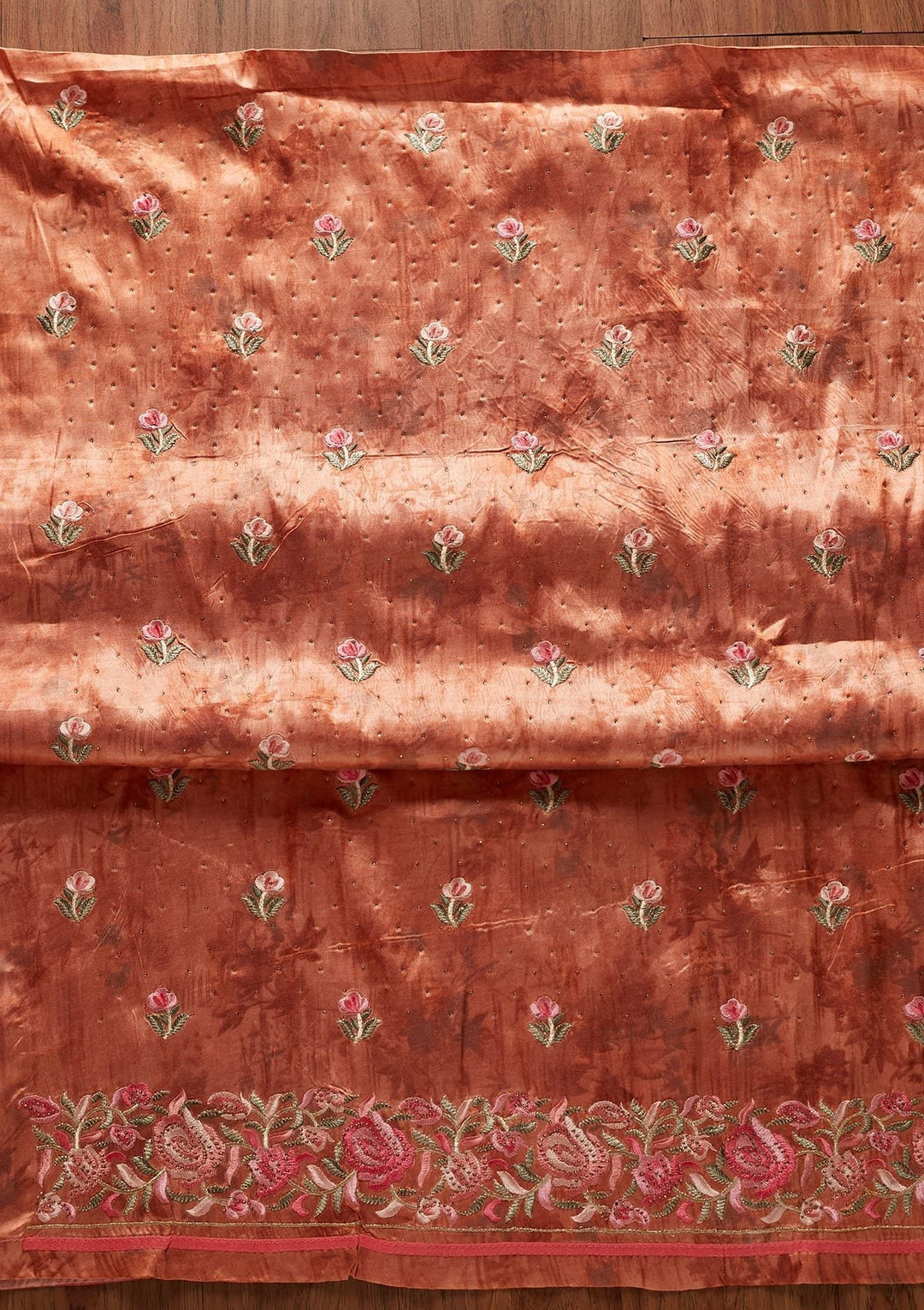 Rust Threadwork Satin Designer Unstitched Salwar Suit - koskii