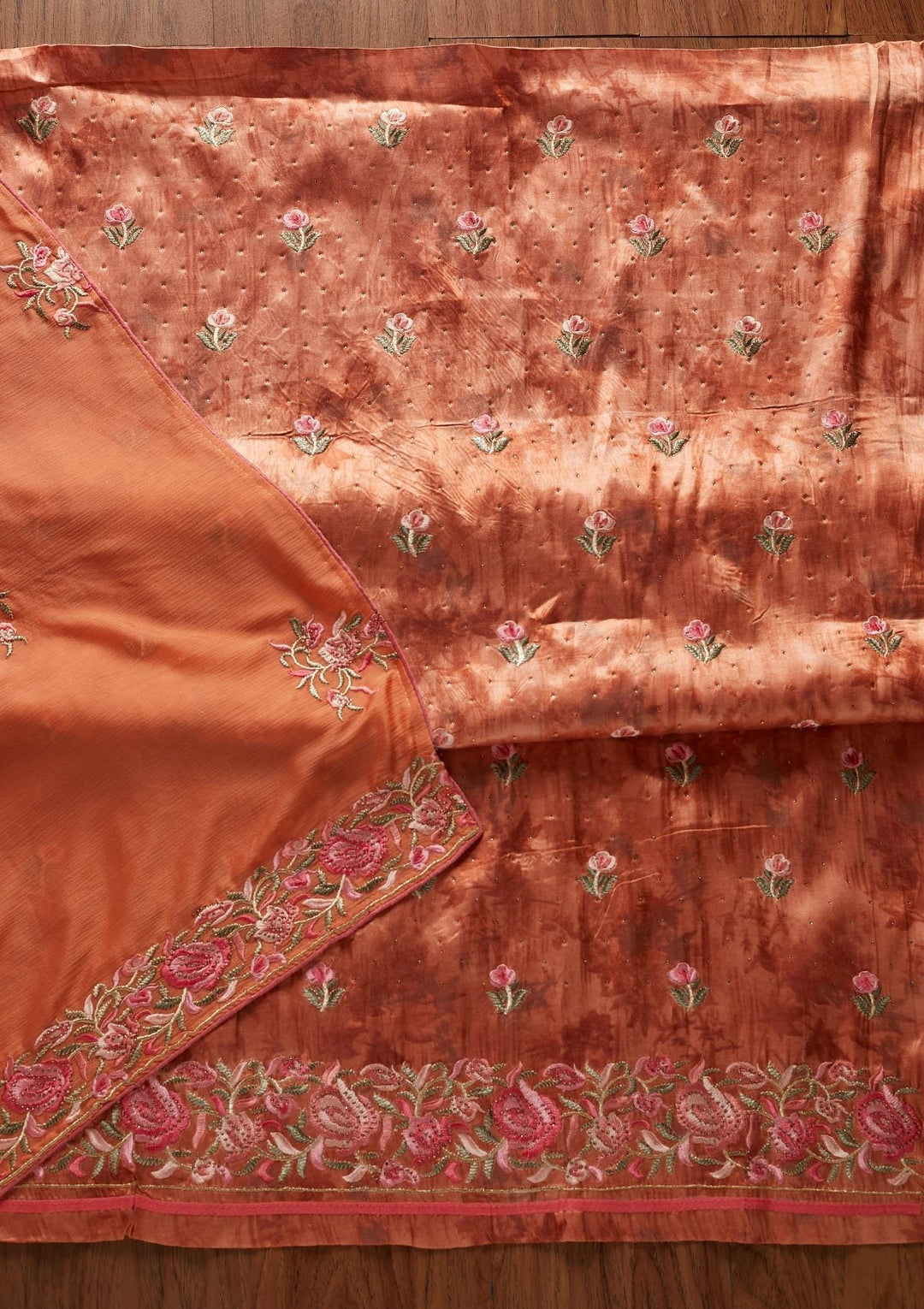 Rust Threadwork Satin Designer Unstitched Salwar Suit - koskii