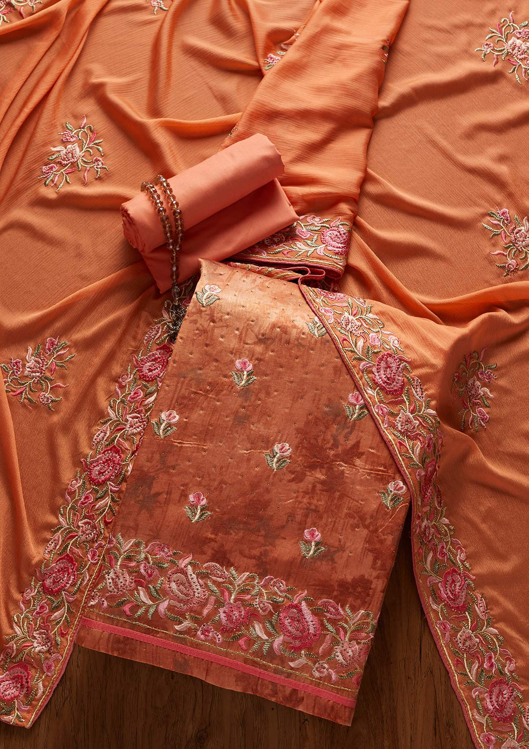Rust Threadwork Satin Designer Unstitched Salwar Suit - koskii