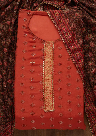 Rust Threadwork Semi Crepe Unstitched Salwar Suit-Koskii