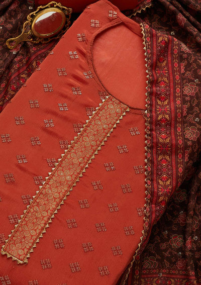 Rust Threadwork Semi Crepe Unstitched Salwar Suit-Koskii