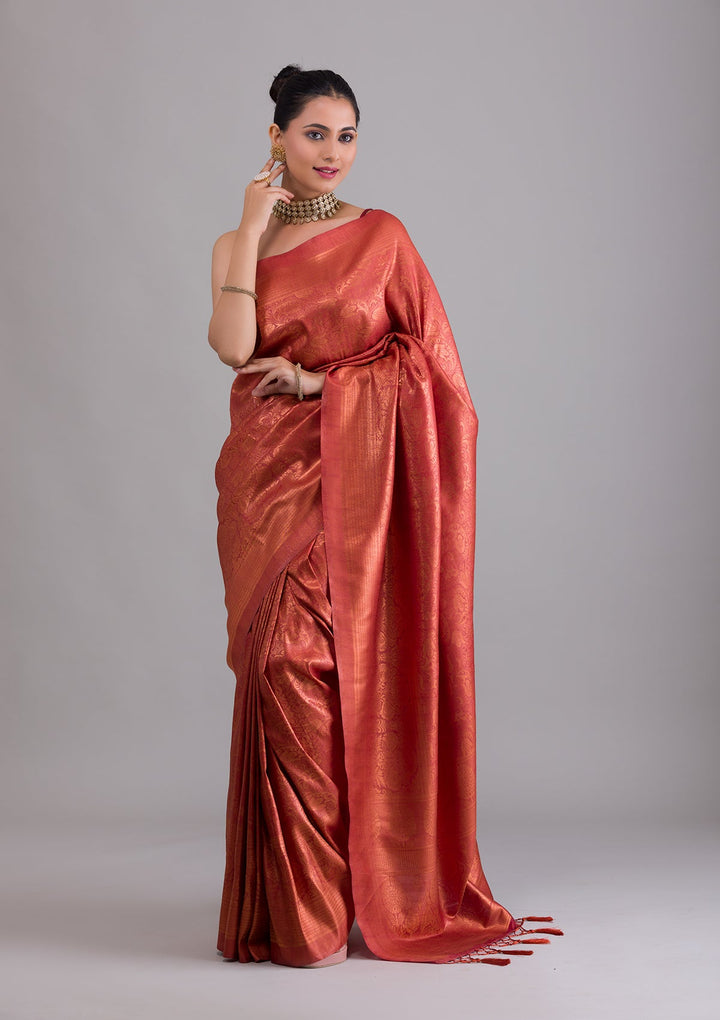 Rust Zariwork Art Silk Saree-Koskii