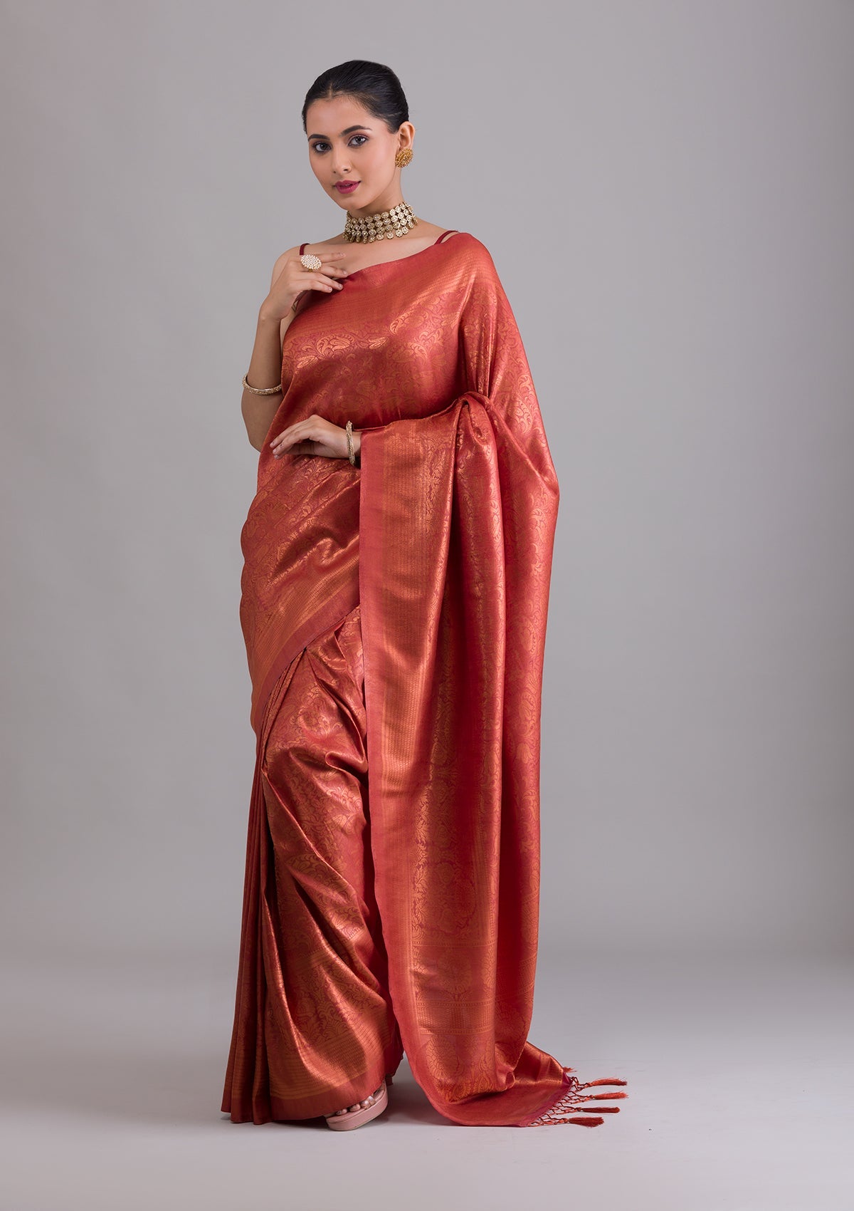 Rust Zariwork Art Silk Saree-Koskii