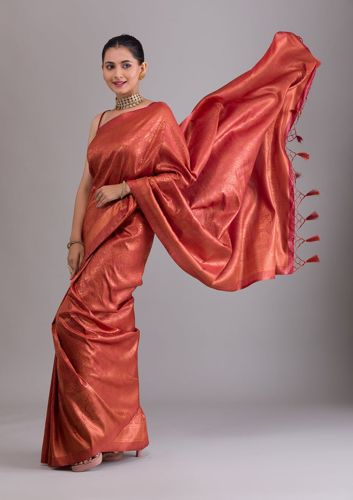 Rust Zariwork Art Silk Saree-Koskii