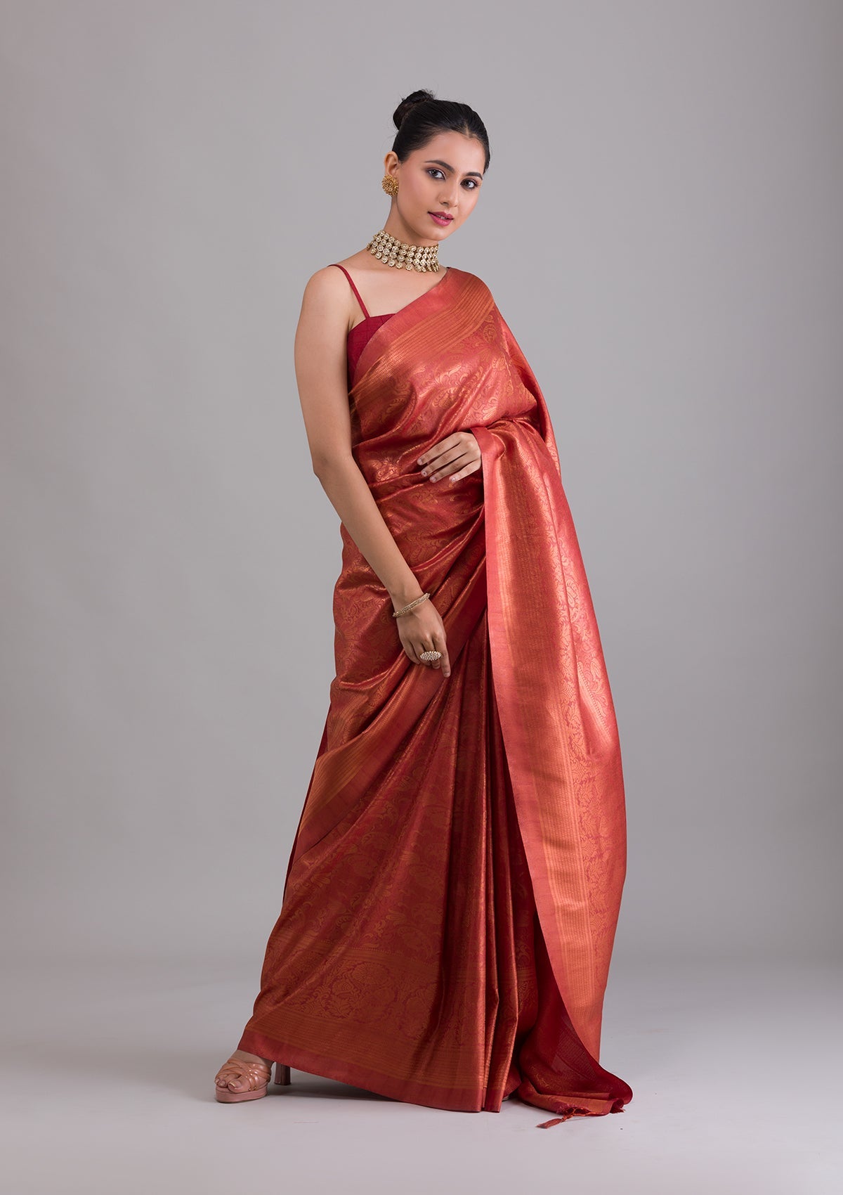 Rust Zariwork Art Silk Saree-Koskii