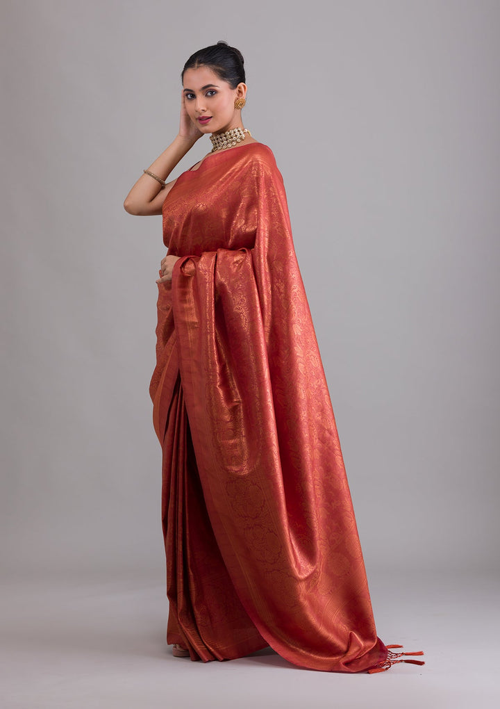 Rust Zariwork Art Silk Saree-Koskii