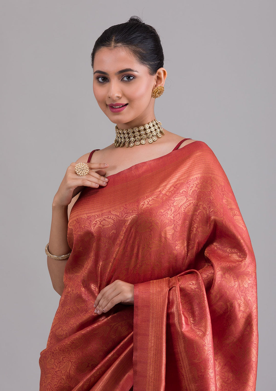 Rust Zariwork Art Silk Saree-Koskii
