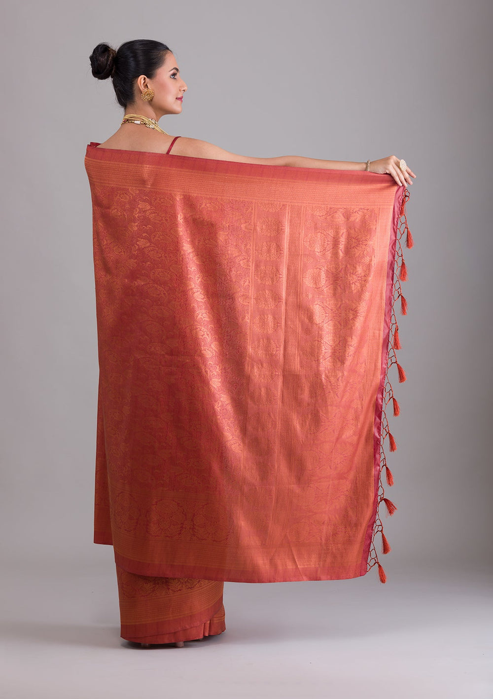 Rust Zariwork Art Silk Saree-Koskii