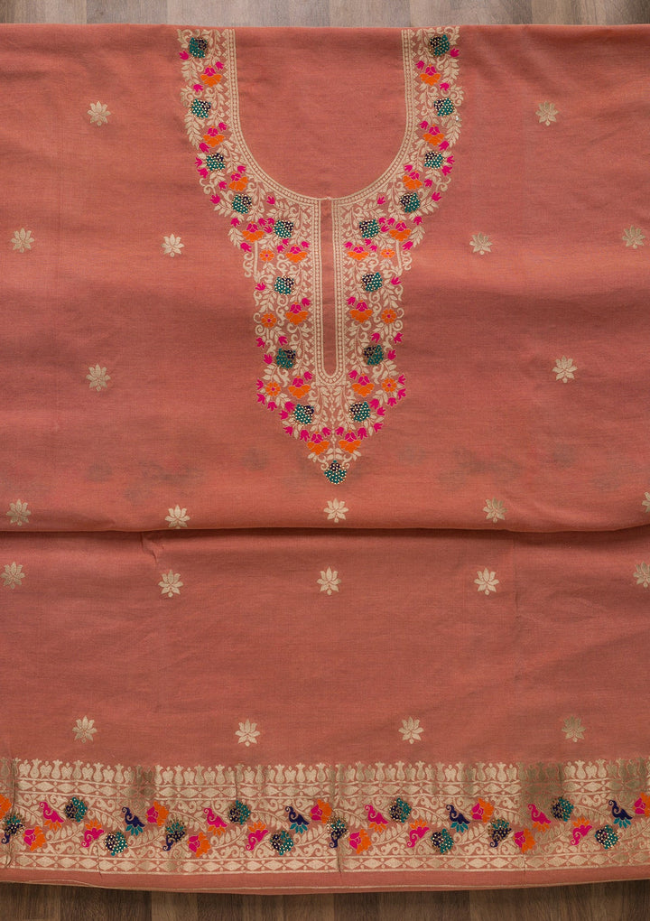 Rust Zariwork Cotton Unstitched Salwar Suit-Koskii