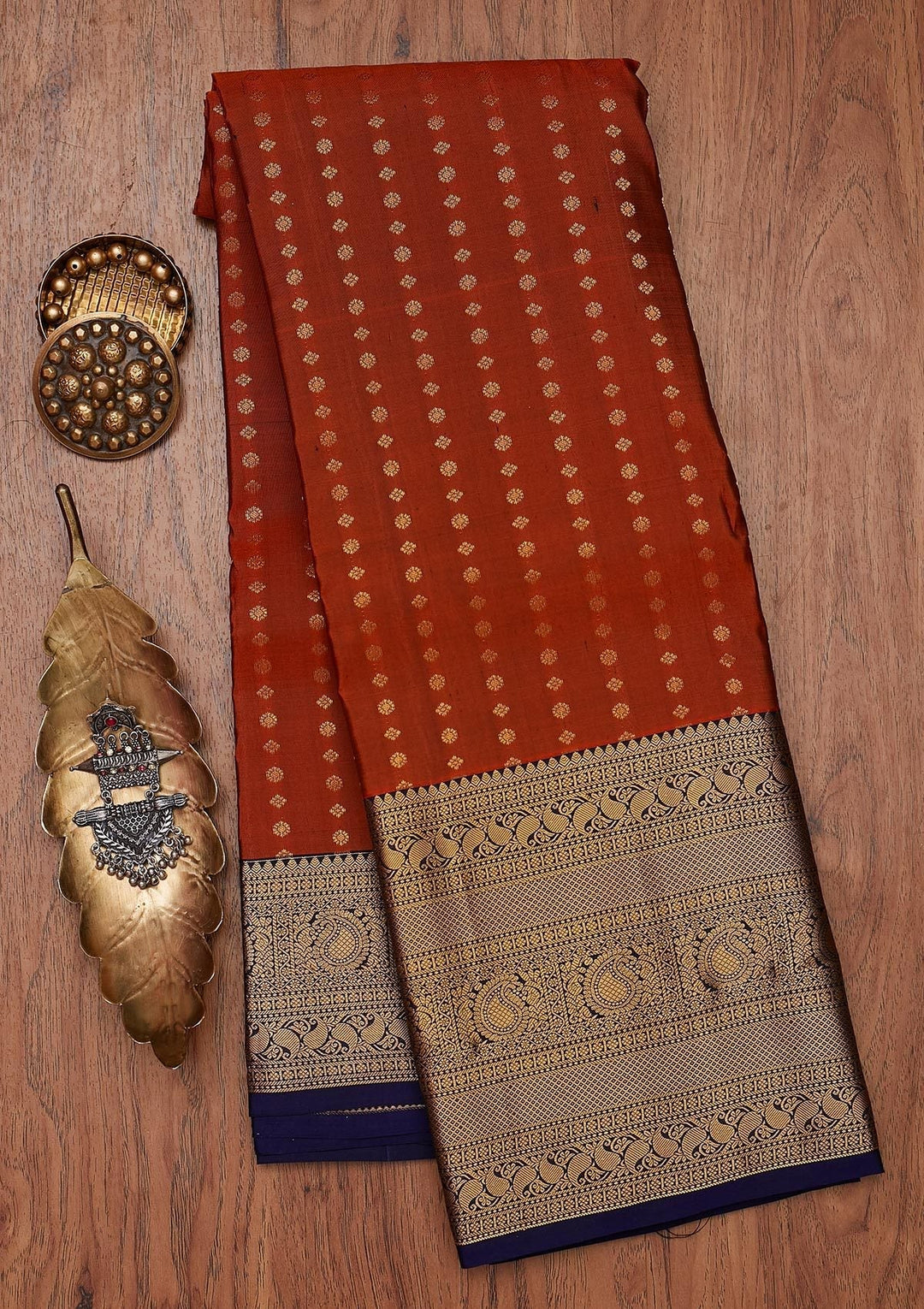Rust Zariwork Pure Silk Designer Unstitched Saree - Koskii
