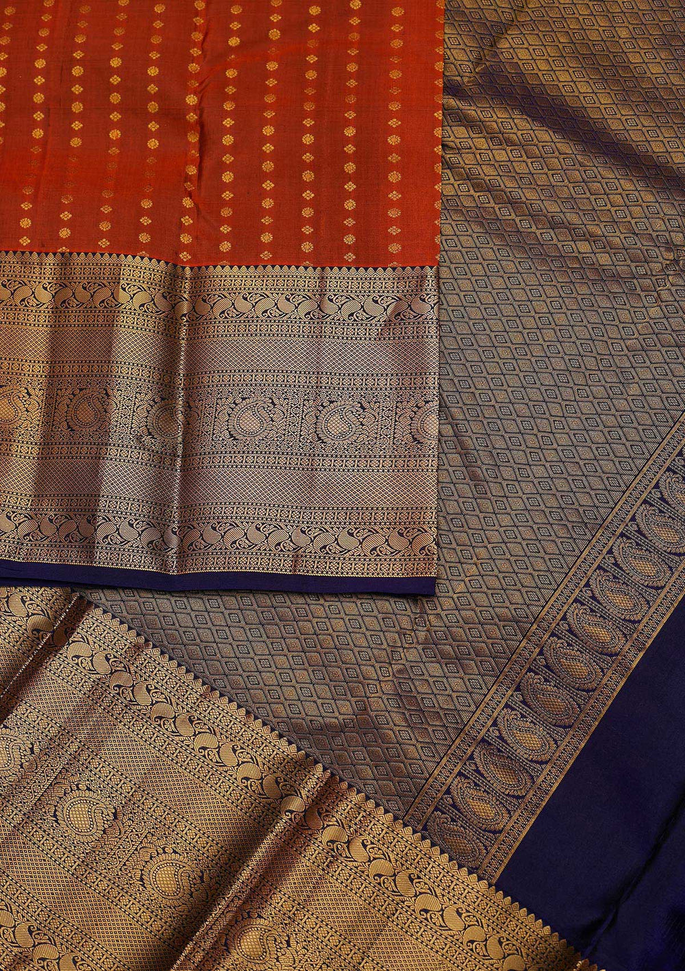 Rust Zariwork Pure Silk Designer Unstitched Saree - Koskii
