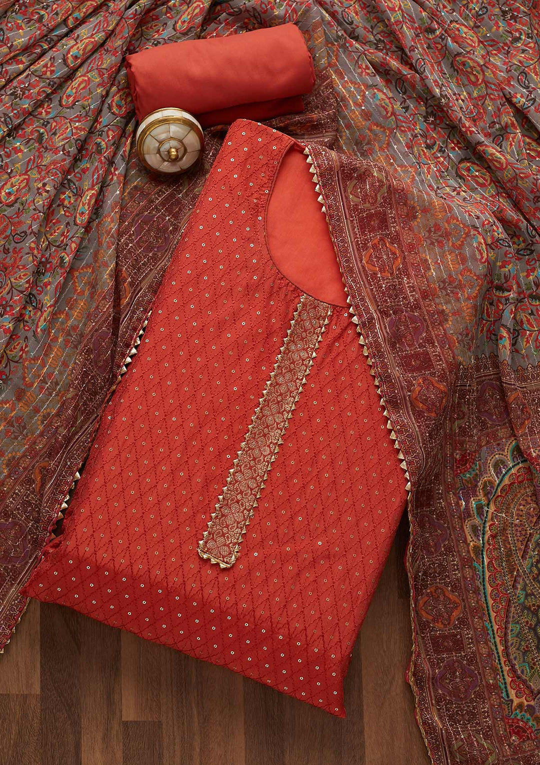 Rust Zariwork Semi Crepe Unstitched Salwar Suit-Koskii