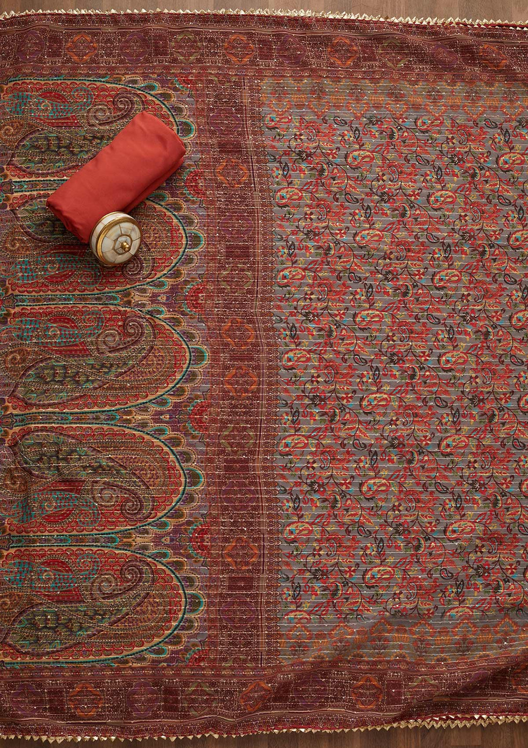 Rust Zariwork Semi Crepe Unstitched Salwar Suit-Koskii