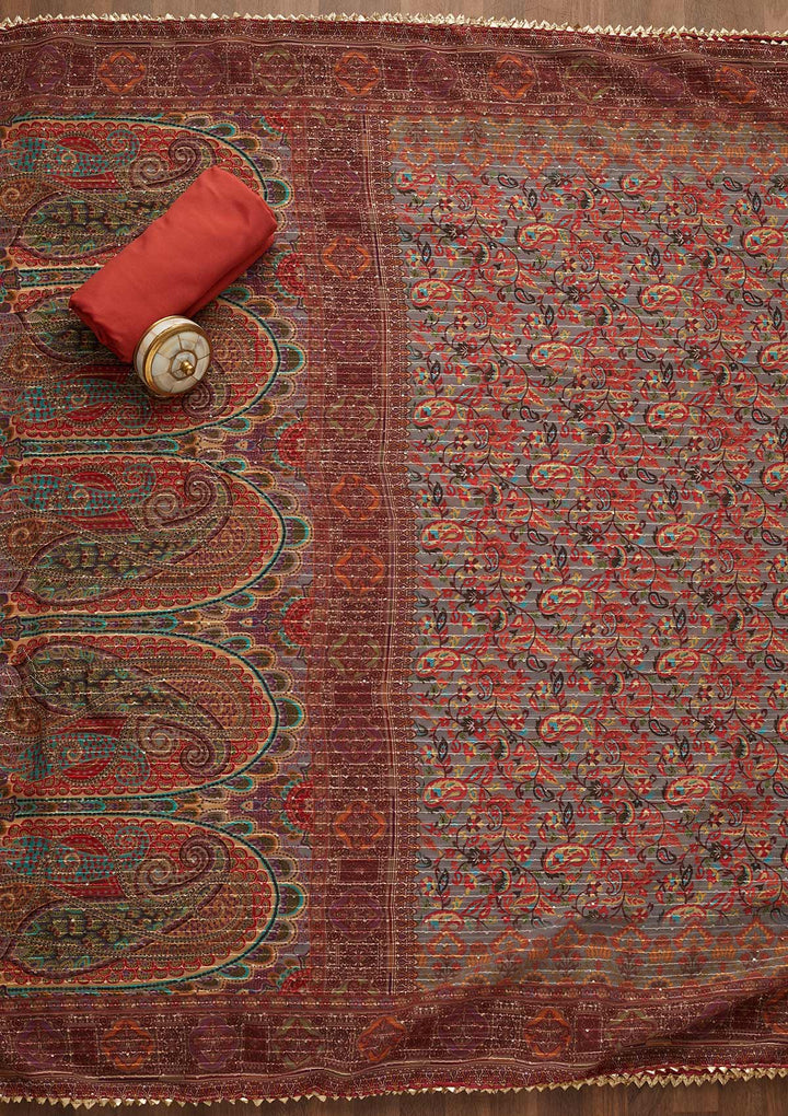 Rust Zariwork Semi Crepe Unstitched Salwar Suit-Koskii