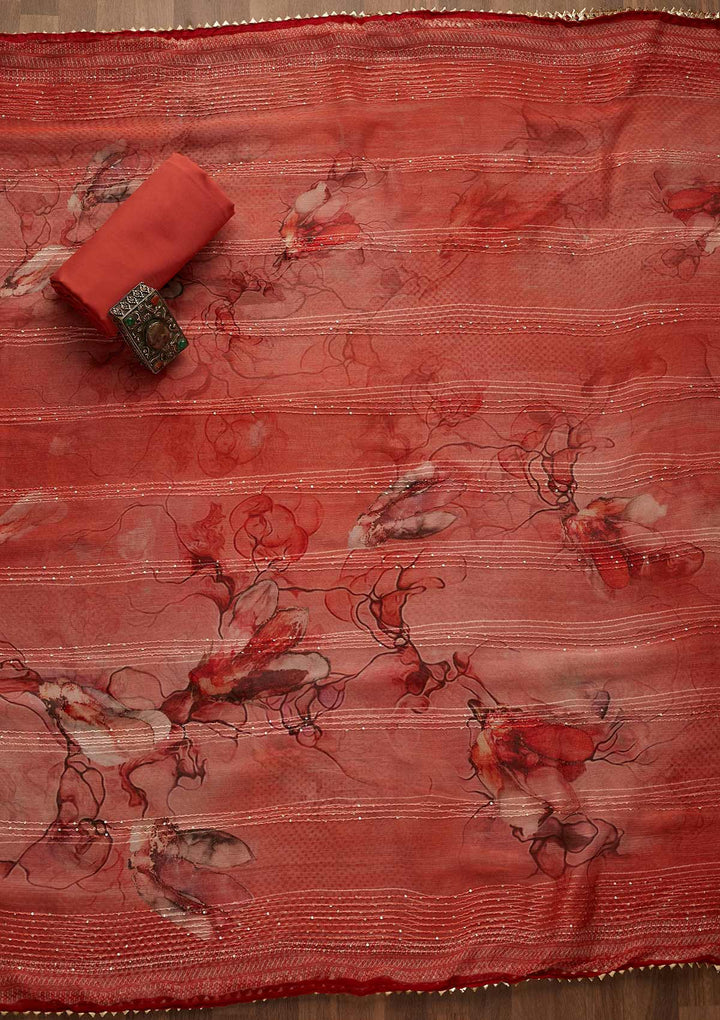 Rust Zariwork Semi Crepe Unstitched Salwar Suit-Koskii