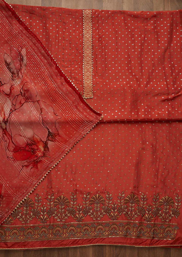 Rust Zariwork Semi Crepe Unstitched Salwar Suit-Koskii