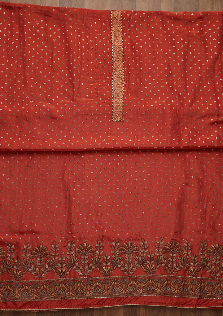 Rust Zariwork Semi Crepe Unstitched Salwar Suit-Koskii